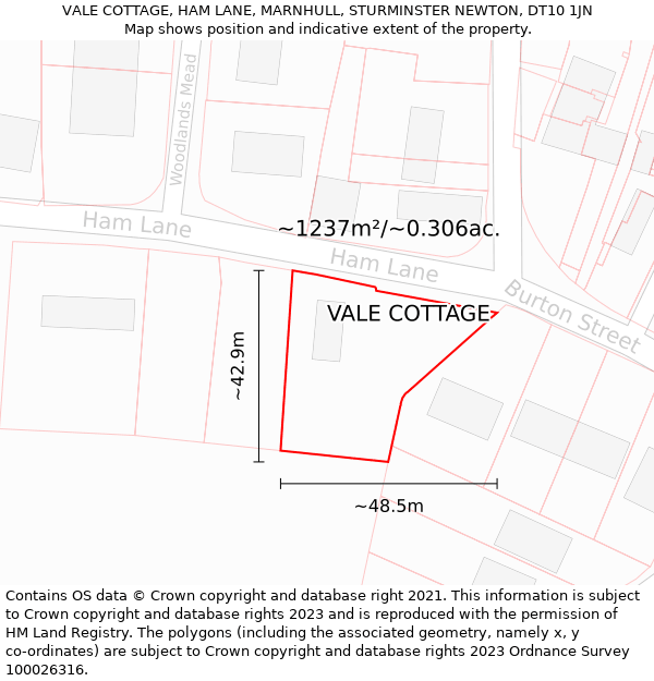 VALE COTTAGE, HAM LANE, MARNHULL, STURMINSTER NEWTON, DT10 1JN: Plot and title map