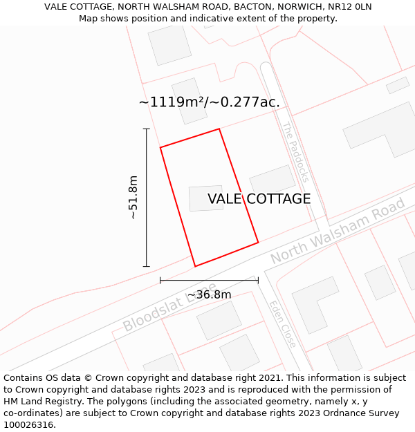 VALE COTTAGE, NORTH WALSHAM ROAD, BACTON, NORWICH, NR12 0LN: Plot and title map