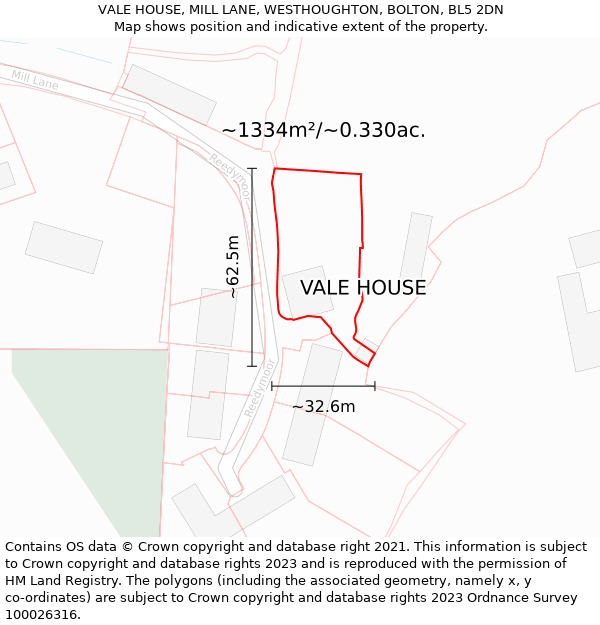 VALE HOUSE, MILL LANE, WESTHOUGHTON, BOLTON, BL5 2DN: Plot and title map