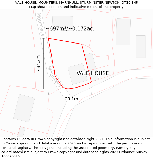 VALE HOUSE, MOUNTERS, MARNHULL, STURMINSTER NEWTON, DT10 1NR: Plot and title map