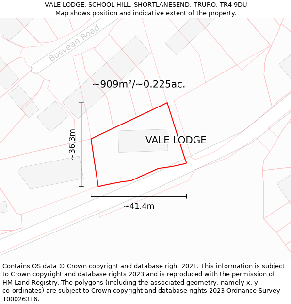 VALE LODGE, SCHOOL HILL, SHORTLANESEND, TRURO, TR4 9DU: Plot and title map