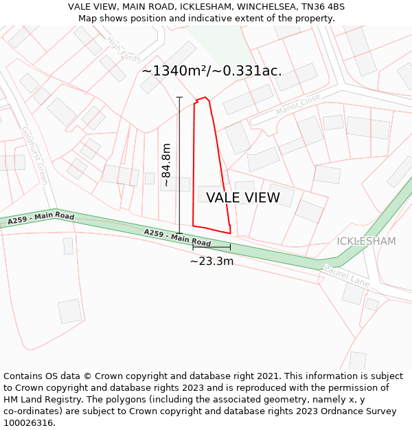 VALE VIEW, MAIN ROAD, ICKLESHAM, WINCHELSEA, TN36 4BS: Plot and title map