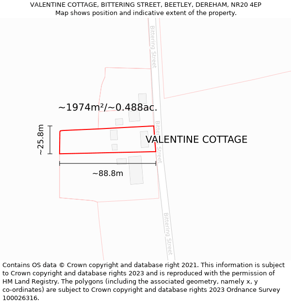 VALENTINE COTTAGE, BITTERING STREET, BEETLEY, DEREHAM, NR20 4EP: Plot and title map