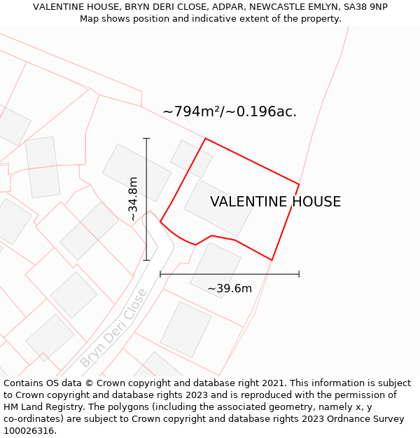 VALENTINE HOUSE, BRYN DERI CLOSE, ADPAR, NEWCASTLE EMLYN, SA38 9NP: Plot and title map