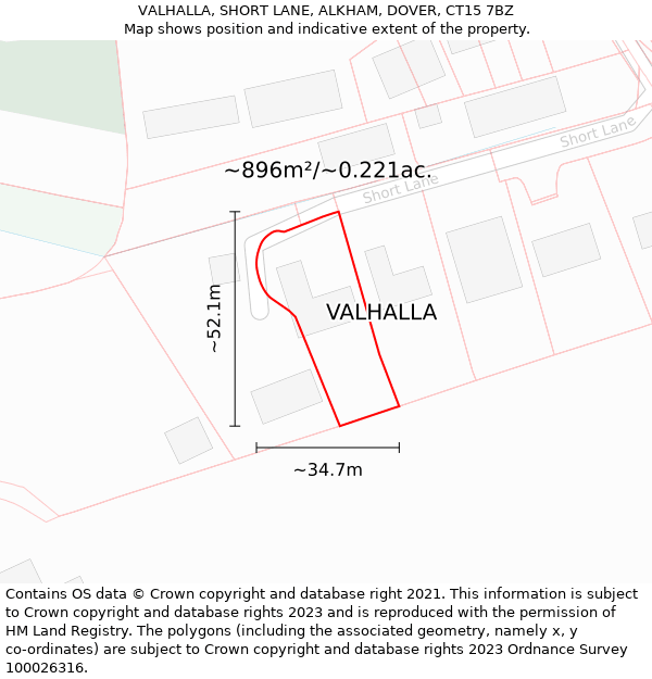 VALHALLA, SHORT LANE, ALKHAM, DOVER, CT15 7BZ: Plot and title map