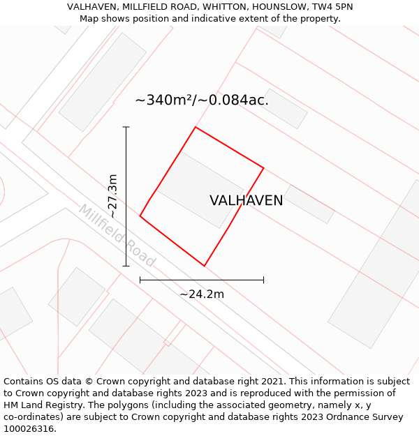 VALHAVEN, MILLFIELD ROAD, WHITTON, HOUNSLOW, TW4 5PN: Plot and title map