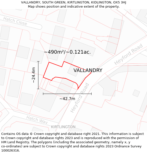 VALLANDRY, SOUTH GREEN, KIRTLINGTON, KIDLINGTON, OX5 3HJ: Plot and title map