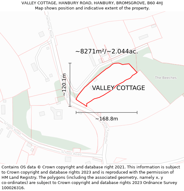 VALLEY COTTAGE, HANBURY ROAD, HANBURY, BROMSGROVE, B60 4HJ: Plot and title map