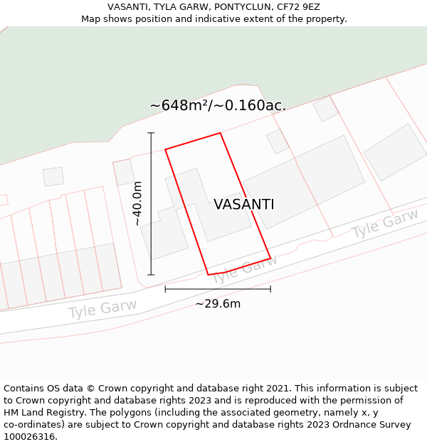 VASANTI, TYLA GARW, PONTYCLUN, CF72 9EZ: Plot and title map