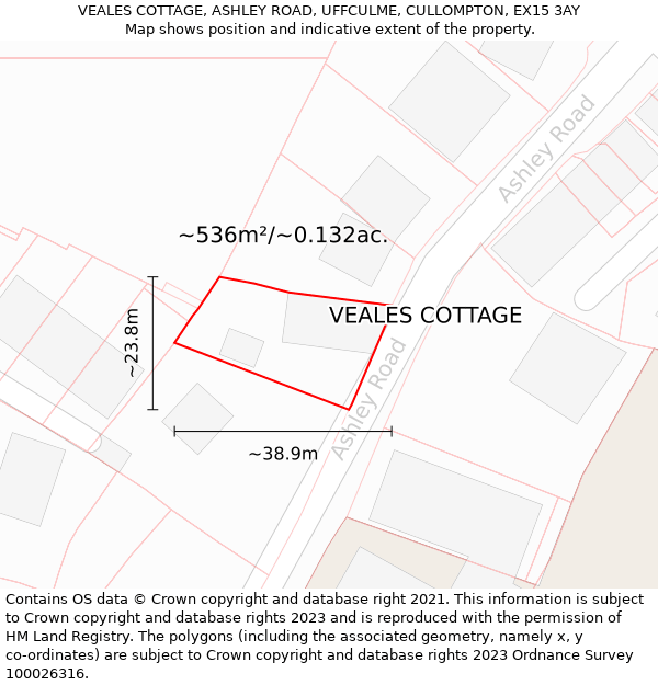 VEALES COTTAGE, ASHLEY ROAD, UFFCULME, CULLOMPTON, EX15 3AY: Plot and title map