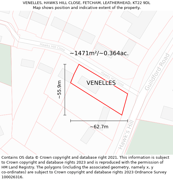 VENELLES, HAWKS HILL CLOSE, FETCHAM, LEATHERHEAD, KT22 9DL: Plot and title map