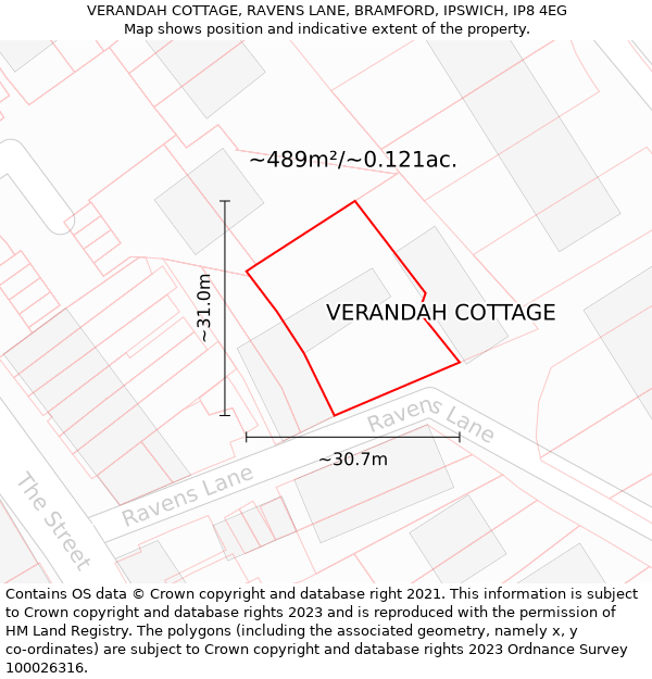 VERANDAH COTTAGE, RAVENS LANE, BRAMFORD, IPSWICH, IP8 4EG: Plot and title map