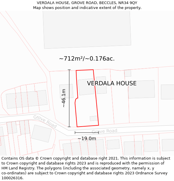 VERDALA HOUSE, GROVE ROAD, BECCLES, NR34 9QY: Plot and title map