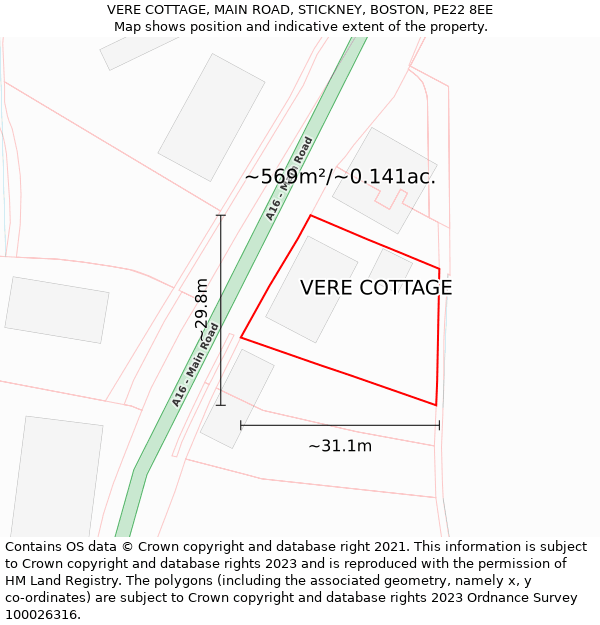 VERE COTTAGE, MAIN ROAD, STICKNEY, BOSTON, PE22 8EE: Plot and title map