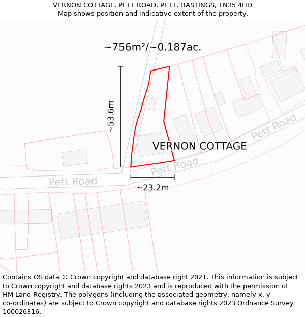 VERNON COTTAGE, PETT ROAD, PETT, HASTINGS, TN35 4HD: Plot and title map