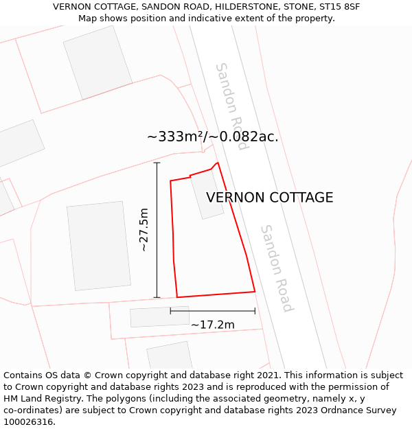 VERNON COTTAGE, SANDON ROAD, HILDERSTONE, STONE, ST15 8SF: Plot and title map