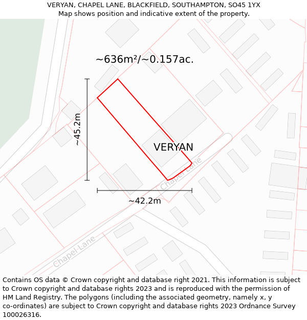 VERYAN, CHAPEL LANE, BLACKFIELD, SOUTHAMPTON, SO45 1YX: Plot and title map