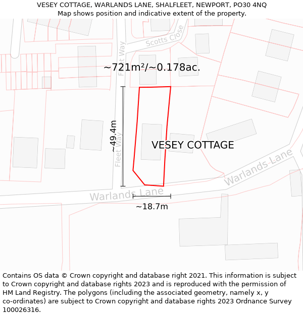 VESEY COTTAGE, WARLANDS LANE, SHALFLEET, NEWPORT, PO30 4NQ: Plot and title map