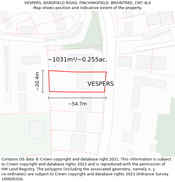 VESPERS, BARDFIELD ROAD, FINCHINGFIELD, BRAINTREE, CM7 4LX: Plot and title map