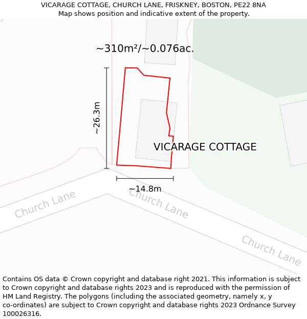 VICARAGE COTTAGE, CHURCH LANE, FRISKNEY, BOSTON, PE22 8NA: Plot and title map