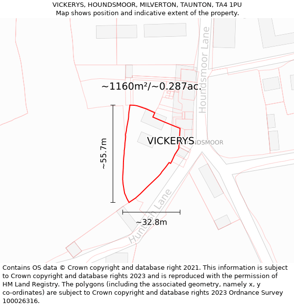 VICKERYS, HOUNDSMOOR, MILVERTON, TAUNTON, TA4 1PU: Plot and title map