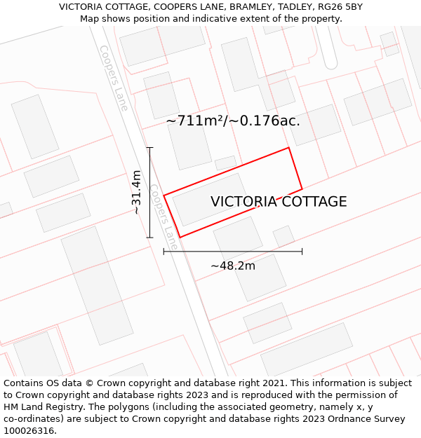 VICTORIA COTTAGE, COOPERS LANE, BRAMLEY, TADLEY, RG26 5BY: Plot and title map