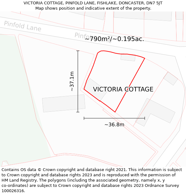 VICTORIA COTTAGE, PINFOLD LANE, FISHLAKE, DONCASTER, DN7 5JT: Plot and title map