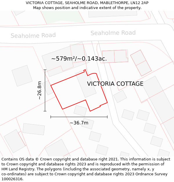 VICTORIA COTTAGE, SEAHOLME ROAD, MABLETHORPE, LN12 2AP: Plot and title map
