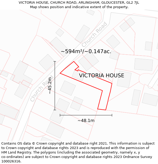VICTORIA HOUSE, CHURCH ROAD, ARLINGHAM, GLOUCESTER, GL2 7JL: Plot and title map