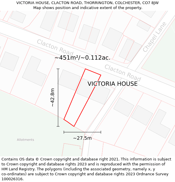 VICTORIA HOUSE, CLACTON ROAD, THORRINGTON, COLCHESTER, CO7 8JW: Plot and title map