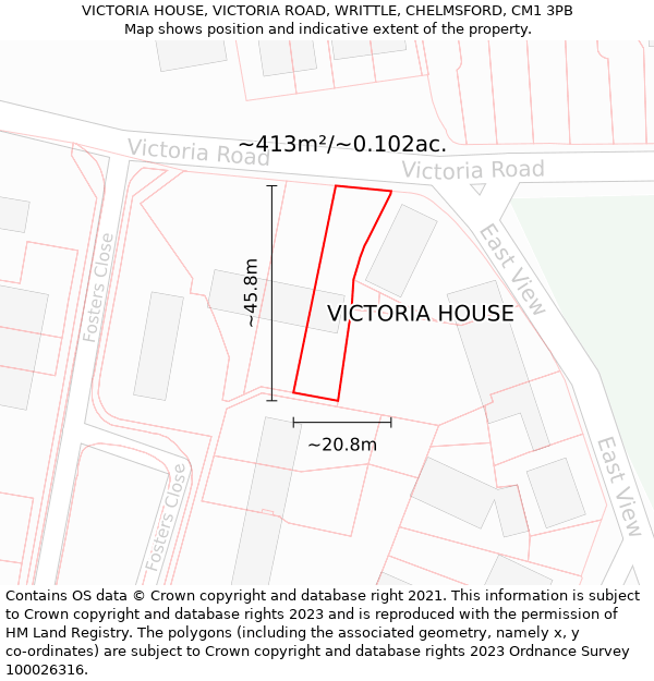 VICTORIA HOUSE, VICTORIA ROAD, WRITTLE, CHELMSFORD, CM1 3PB: Plot and title map