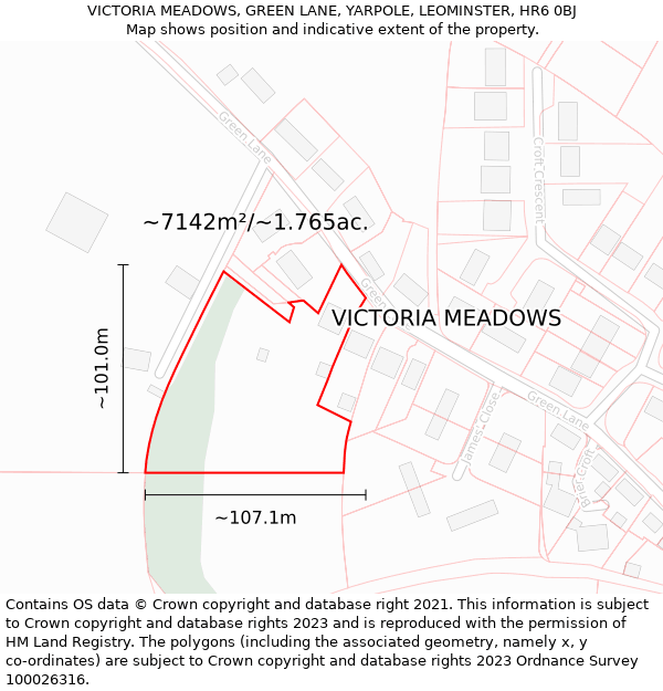 VICTORIA MEADOWS, GREEN LANE, YARPOLE, LEOMINSTER, HR6 0BJ: Plot and title map