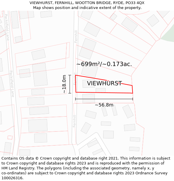 VIEWHURST, FERNHILL, WOOTTON BRIDGE, RYDE, PO33 4QX: Plot and title map