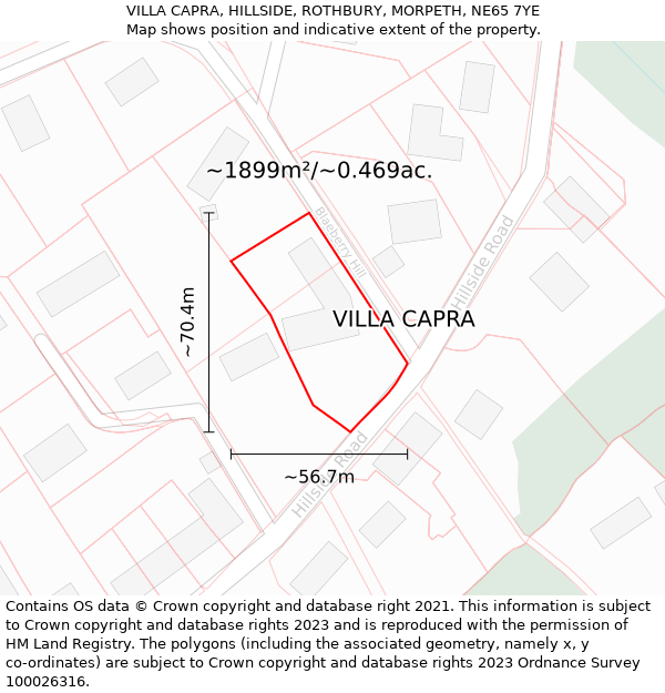 VILLA CAPRA, HILLSIDE, ROTHBURY, MORPETH, NE65 7YE: Plot and title map