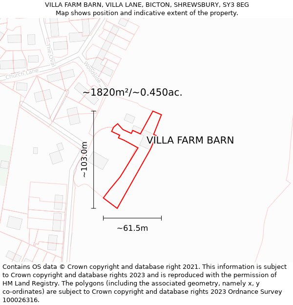 VILLA FARM BARN, VILLA LANE, BICTON, SHREWSBURY, SY3 8EG: Plot and title map