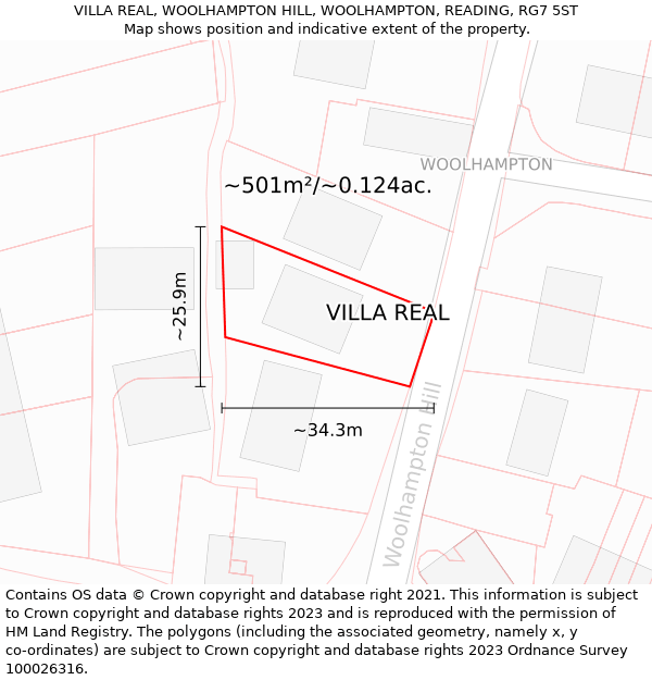 VILLA REAL, WOOLHAMPTON HILL, WOOLHAMPTON, READING, RG7 5ST: Plot and title map