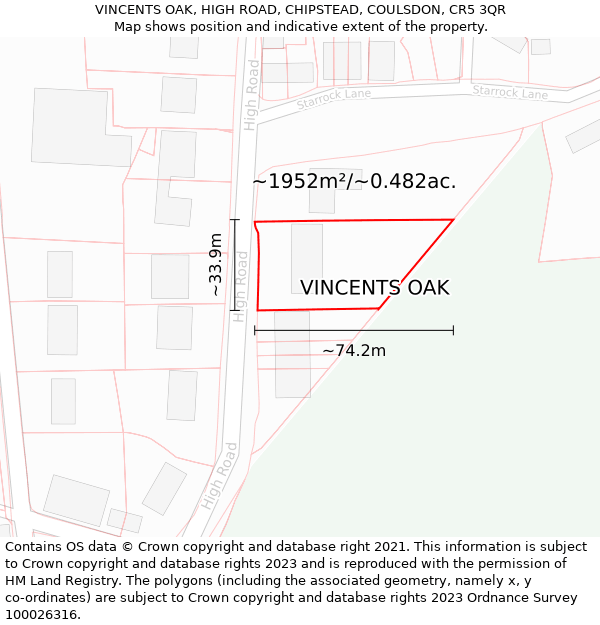 VINCENTS OAK, HIGH ROAD, CHIPSTEAD, COULSDON, CR5 3QR: Plot and title map