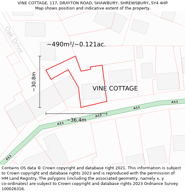 VINE COTTAGE, 117, DRAYTON ROAD, SHAWBURY, SHREWSBURY, SY4 4HP: Plot and title map