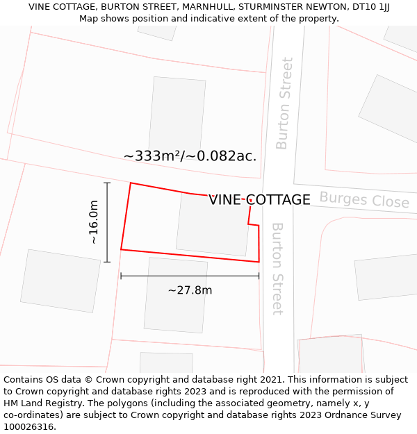 VINE COTTAGE, BURTON STREET, MARNHULL, STURMINSTER NEWTON, DT10 1JJ: Plot and title map