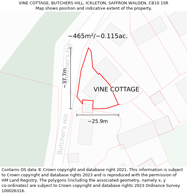 VINE COTTAGE, BUTCHERS HILL, ICKLETON, SAFFRON WALDEN, CB10 1SR: Plot and title map