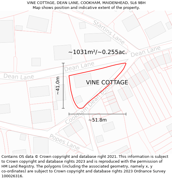 VINE COTTAGE, DEAN LANE, COOKHAM, MAIDENHEAD, SL6 9BH: Plot and title map