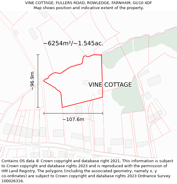 VINE COTTAGE, FULLERS ROAD, ROWLEDGE, FARNHAM, GU10 4DF: Plot and title map