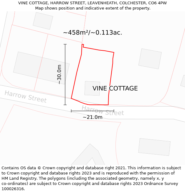 VINE COTTAGE, HARROW STREET, LEAVENHEATH, COLCHESTER, CO6 4PW: Plot and title map