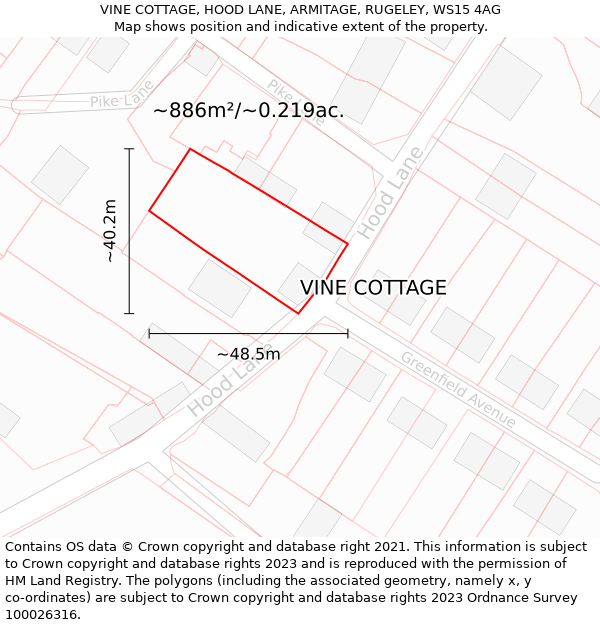 VINE COTTAGE, HOOD LANE, ARMITAGE, RUGELEY, WS15 4AG: Plot and title map