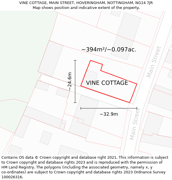 VINE COTTAGE, MAIN STREET, HOVERINGHAM, NOTTINGHAM, NG14 7JR: Plot and title map