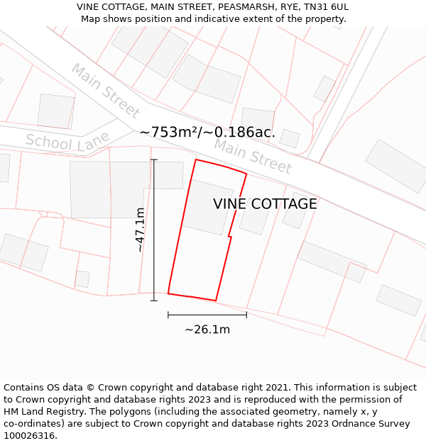 VINE COTTAGE, MAIN STREET, PEASMARSH, RYE, TN31 6UL: Plot and title map