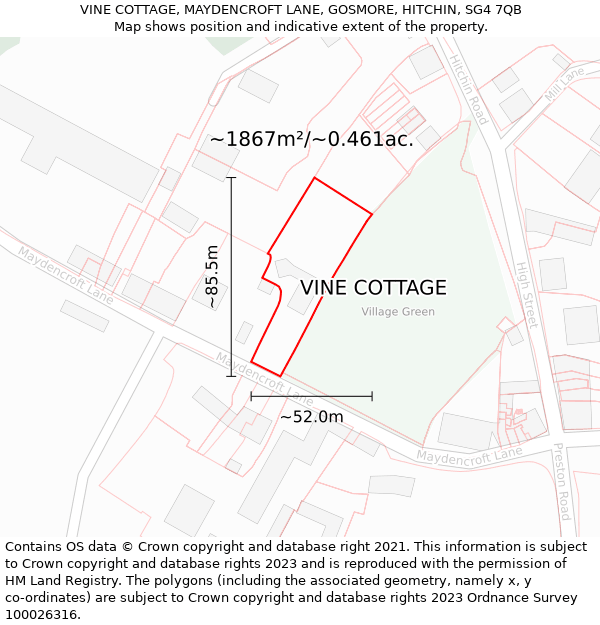 VINE COTTAGE, MAYDENCROFT LANE, GOSMORE, HITCHIN, SG4 7QB: Plot and title map