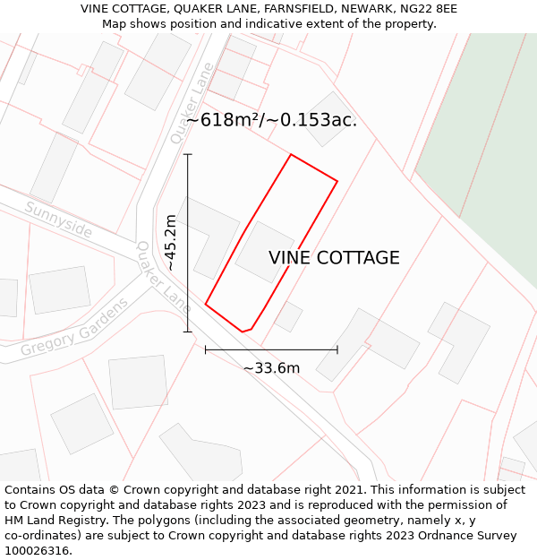 VINE COTTAGE, QUAKER LANE, FARNSFIELD, NEWARK, NG22 8EE: Plot and title map