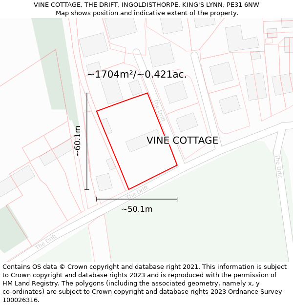 VINE COTTAGE, THE DRIFT, INGOLDISTHORPE, KING'S LYNN, PE31 6NW: Plot and title map