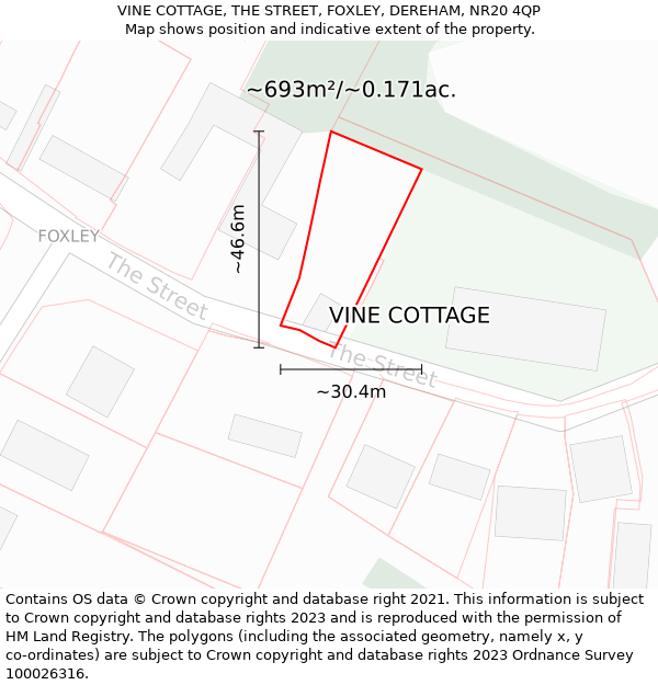 VINE COTTAGE, THE STREET, FOXLEY, DEREHAM, NR20 4QP: Plot and title map